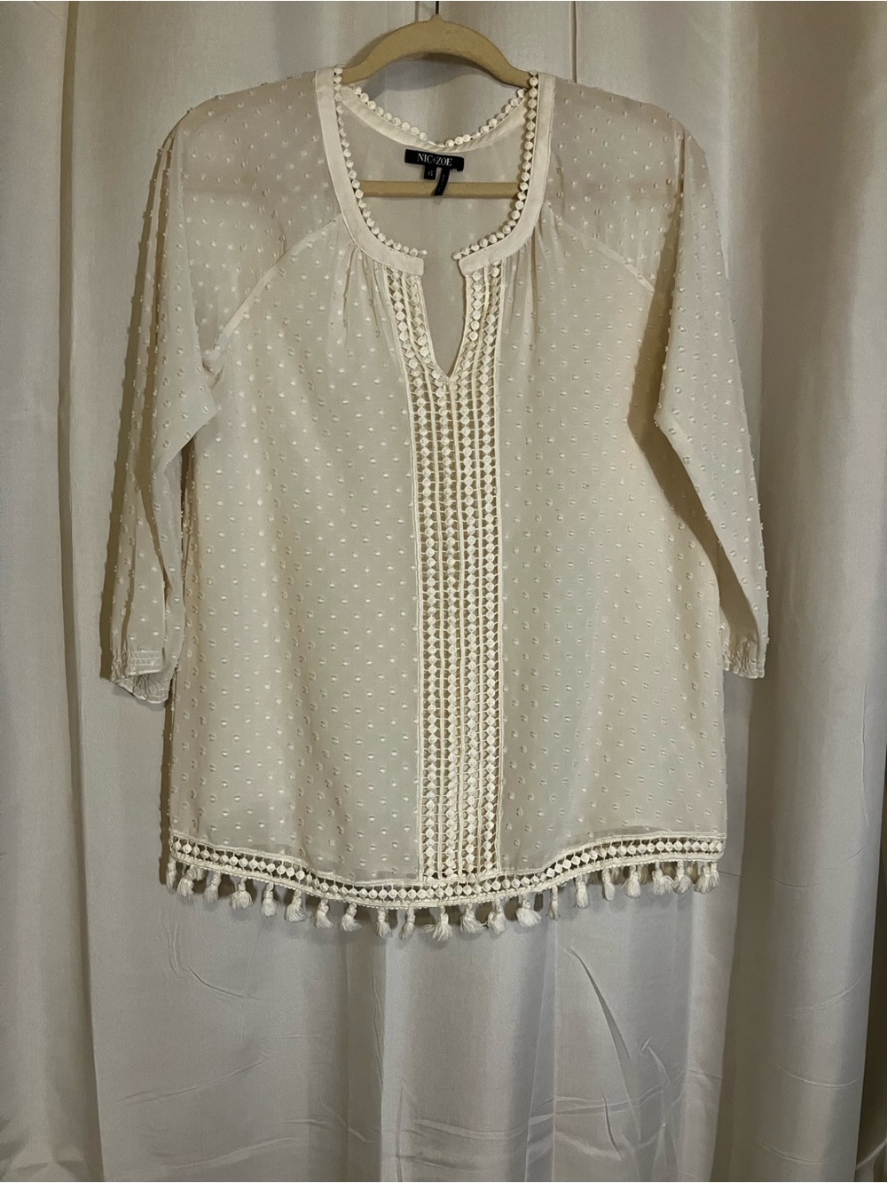 NIC+ZOE Cream Swiss Dot Tassel-Hem Tunic